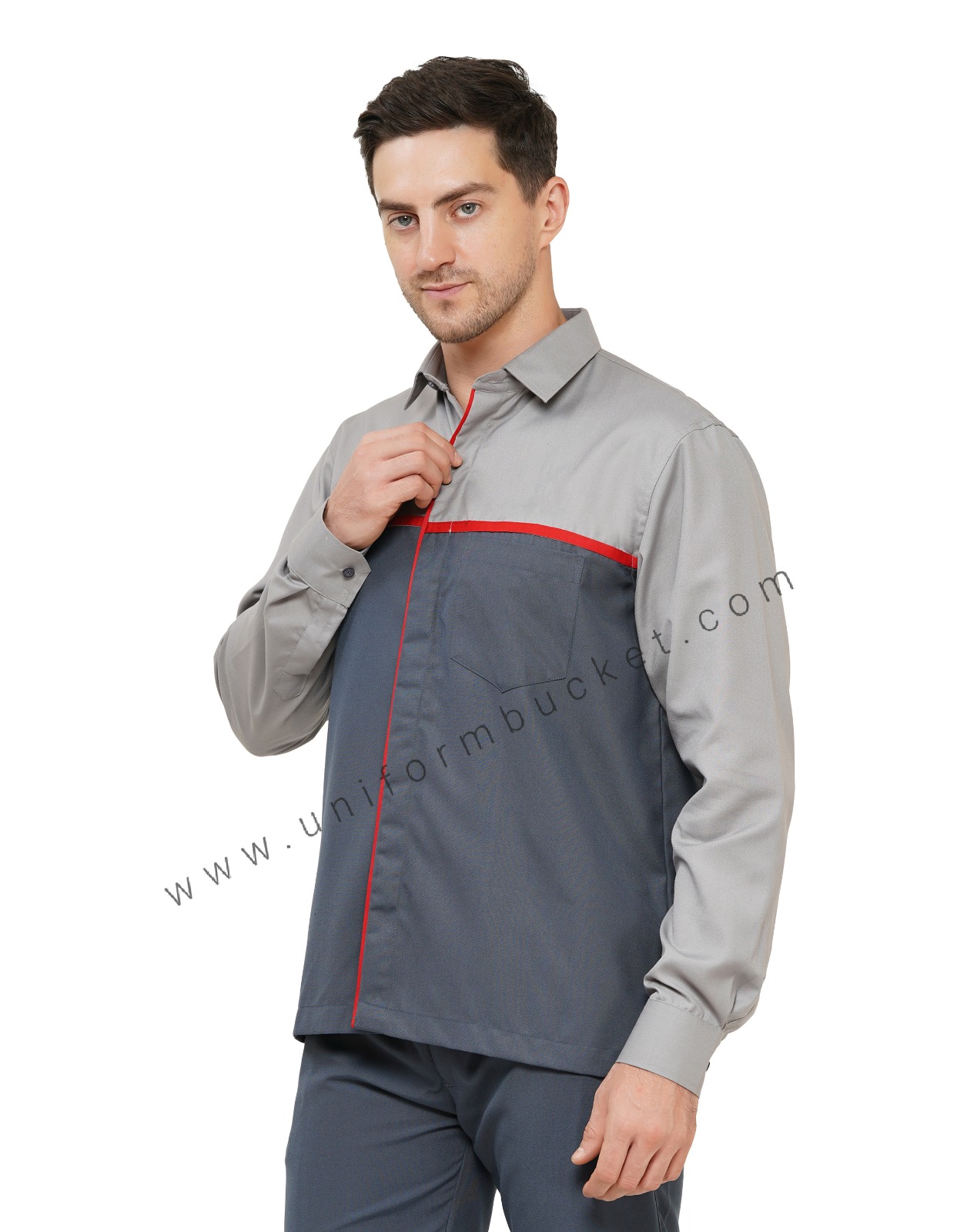 MALE WORKWEAR DARK GREY SHIRT WITH  LIGHT YOKE & RED PIPING  thumbnail 6